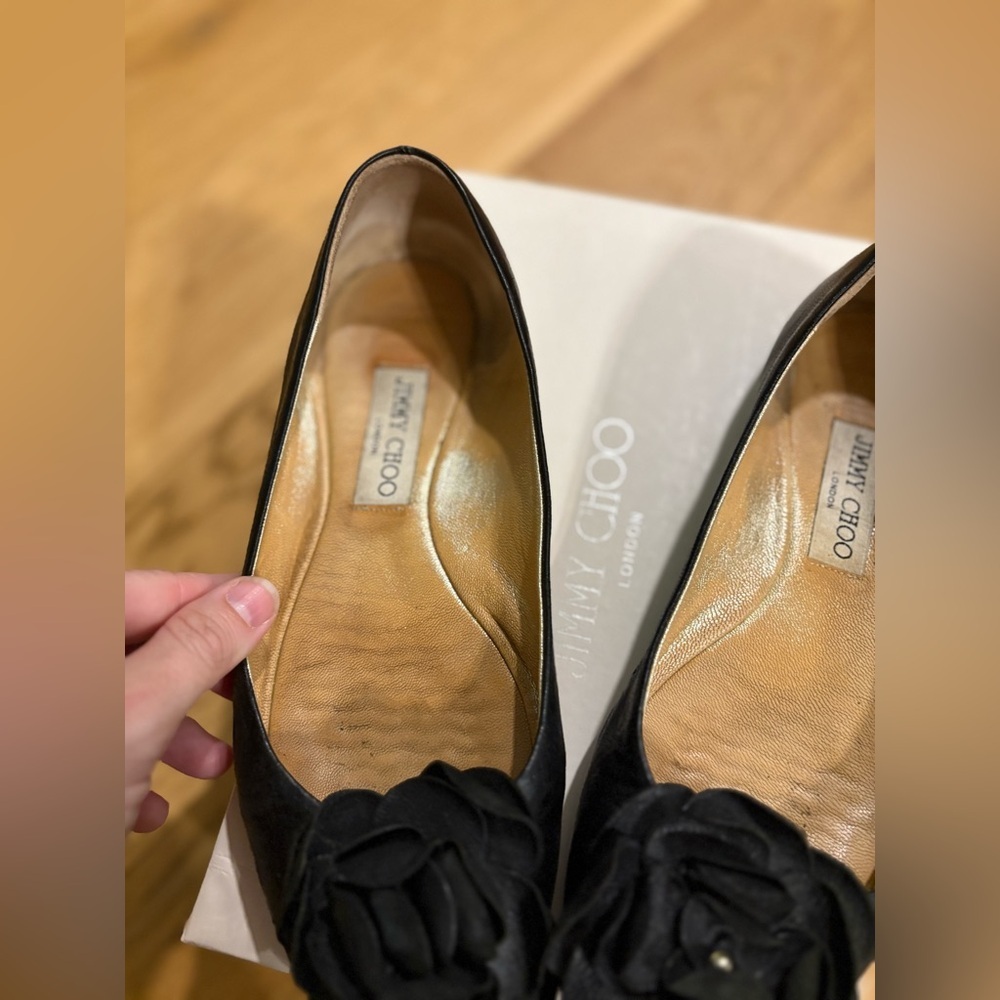 Jimmy Choo Black Leather Rosette Ballet Flats | Size 37.5 | Box | Authentic - Picture 7 of 12